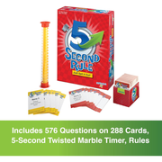 Game set with '5 Second Rule' packaging, cards, timer, and marble tube on a white background.