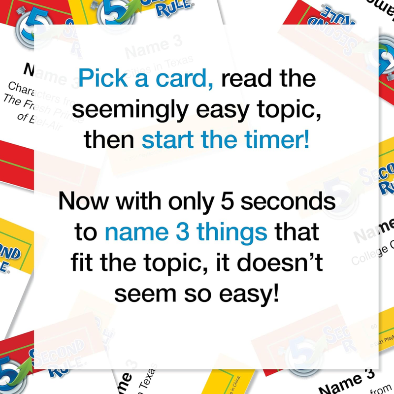 Instructions for '5 Second Rule' game with colorful cards and text overlay.