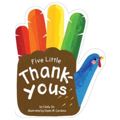 Children's book cover titled 'Five Little Thank-yous' with colorful feathers and a blue bird on a white background.