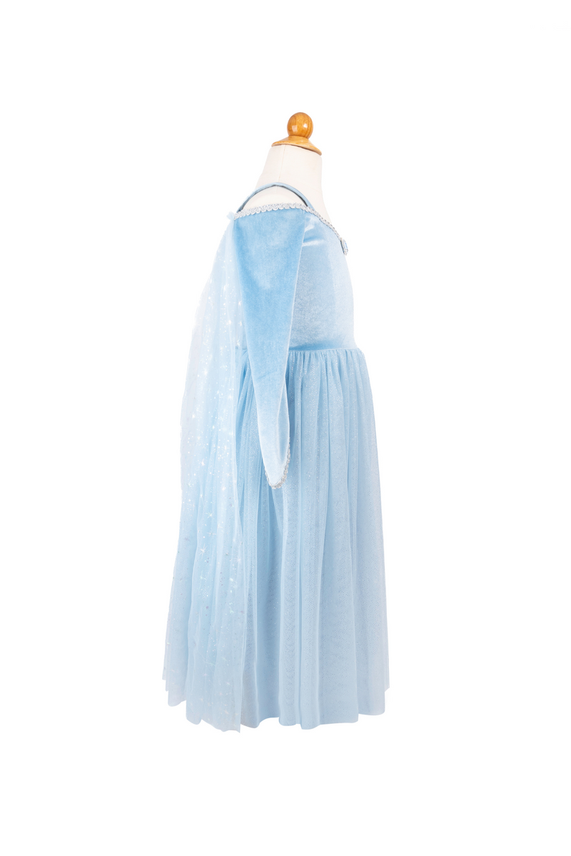 Light blue princess dress with white lace trim on dress form