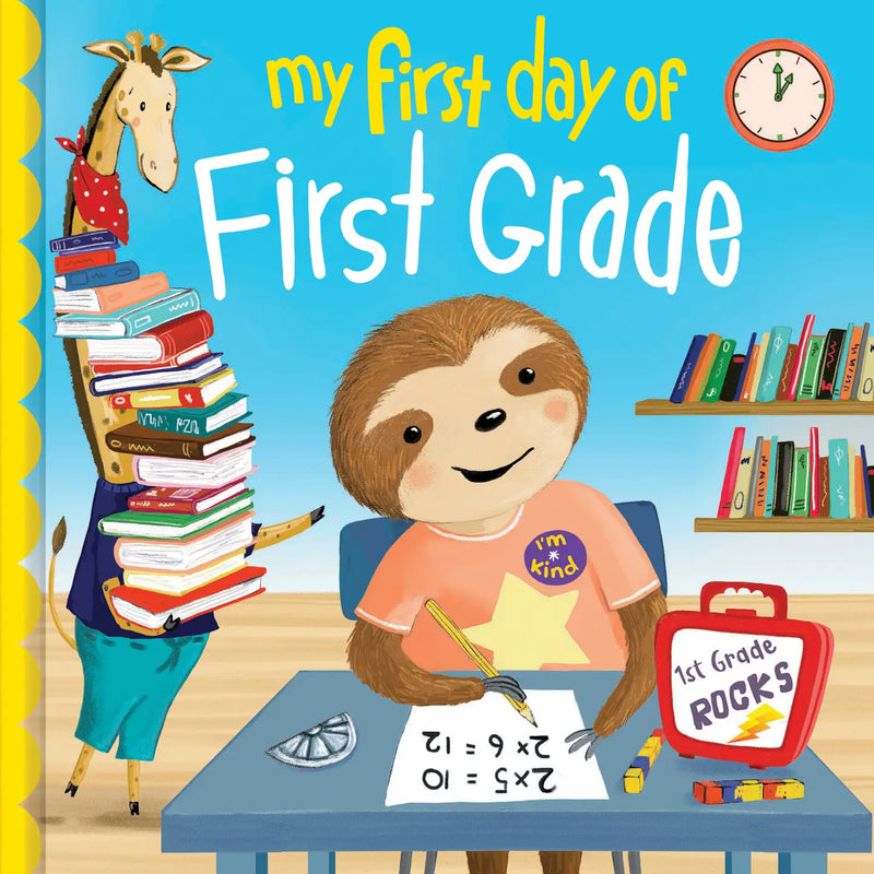 My First Day of First Grade children's book cover featuring a sloth student at a desk