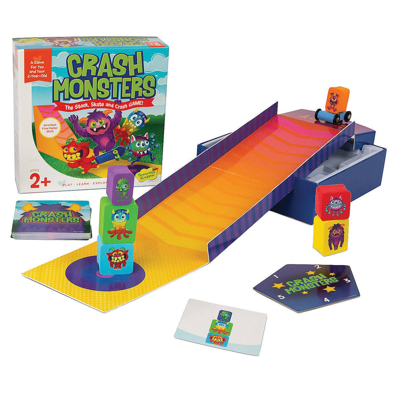 Crash Monsters stacking game with colorful monster blocks, skateboard ramp, and game components displayed