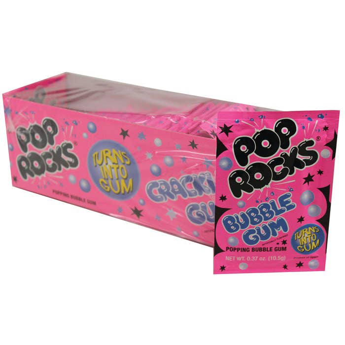 Pink Pop Rocks Bubble Gum box and individual packet showing popping bubble gum product