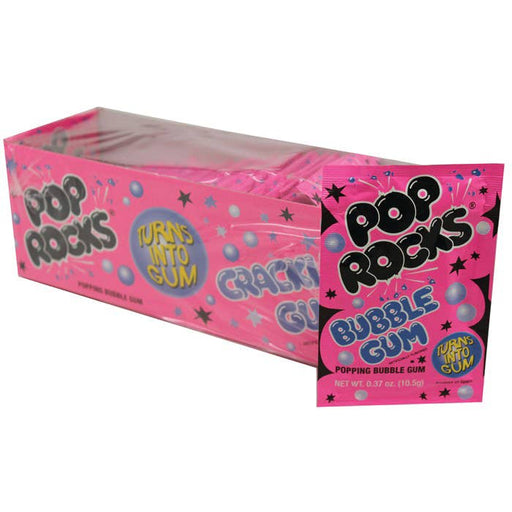 Pink Pop Rocks Bubble Gum box and individual packet showing popping bubble gum product
