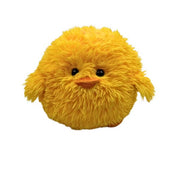 Yellow fluffy round chick plush toy with orange beak and black eyes