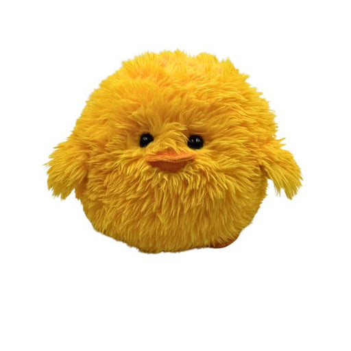 Yellow fluffy round chick plush toy with orange beak and black eyes