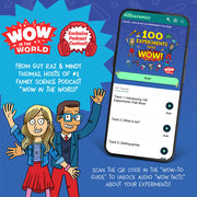Wow in the World 100 Experiments kit promotional image with podcast hosts and mobile app interface