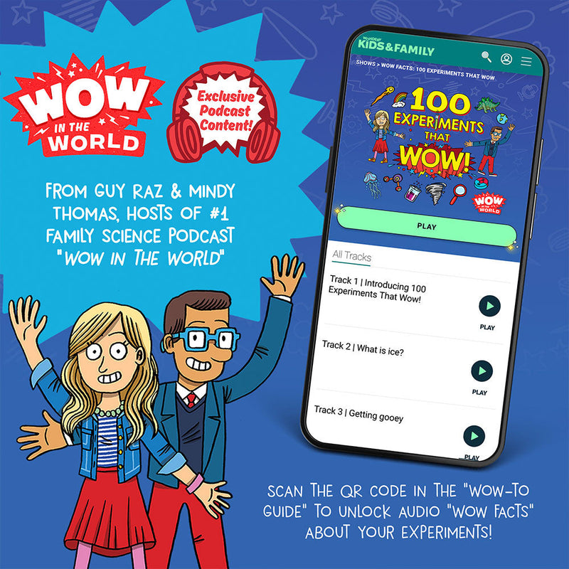 Wow in the World 100 Experiments kit promotional image with podcast hosts and mobile app interface