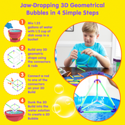 Child using 3D geometric bubble kit with instruction steps showing how to create bubbles