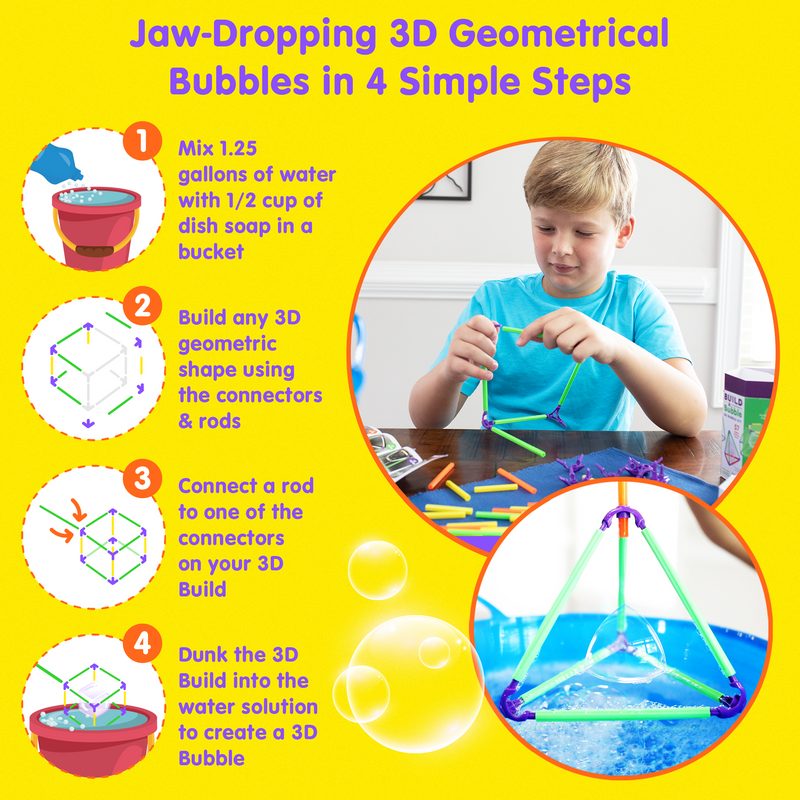Child using 3D geometric bubble kit with instruction steps showing how to create bubbles