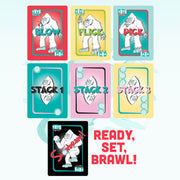 Yeti Snowbrawl card game showing action cards with blow, flick, pick moves and stack cards