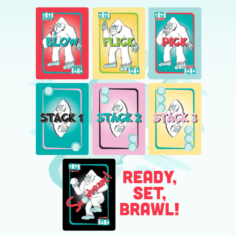 Yeti Snowbrawl card game showing action cards with blow, flick, pick moves and stack cards