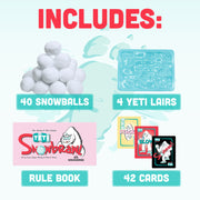 Yeti Snowbrawl game contents including 40 snowballs, 4 yeti lairs, rule book, and 42 cards