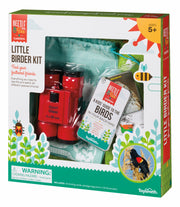 Little Birder Kit packaging showing red binoculars, bird guide book, and storage bag
