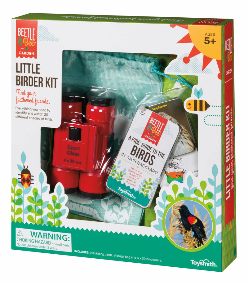 Little Birder Kit packaging showing red binoculars, bird guide book, and storage bag
