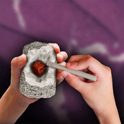 Hands excavating red crystal from rock using chisel tool with purple background