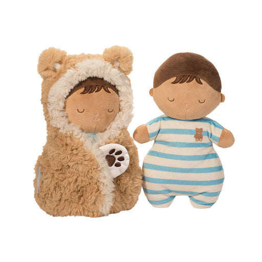 Two soft dolls - one in teddy bear costume, one in striped outfit
