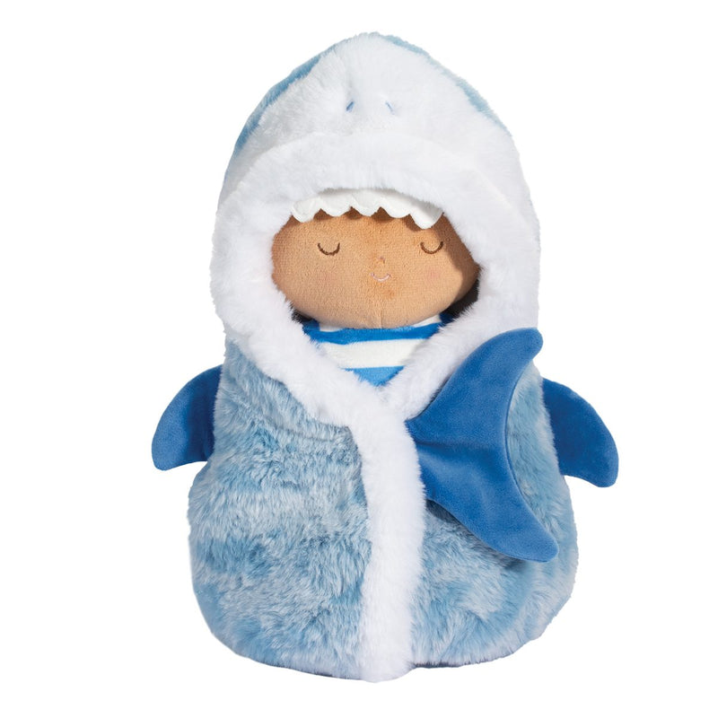 Plush baby doll wearing a light blue and white shark costume with fins