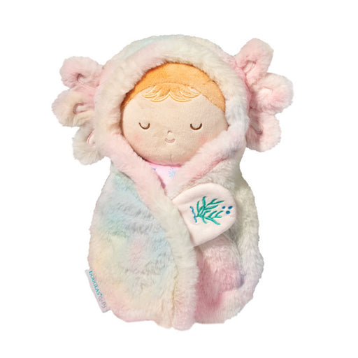 Douglas Loxley Axolotl plush baby swaddle toy with pastel rainbow fur and closed eyes
