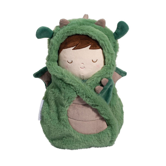 Green dragon costume plush baby doll with hood and peaceful sleeping expression
