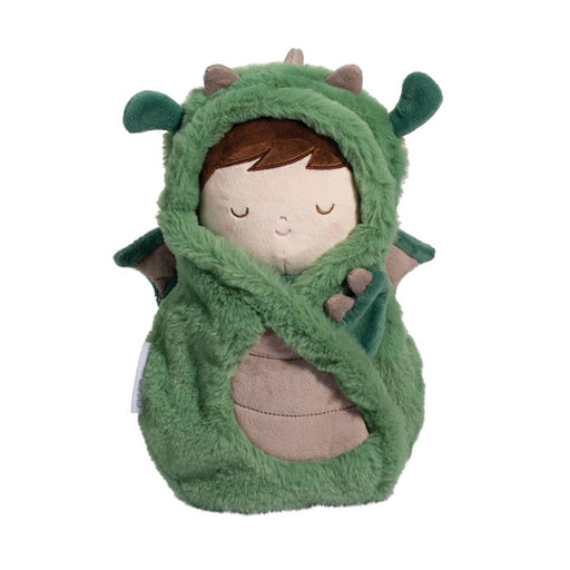 Green dragon costume plush baby doll with hood and peaceful sleeping expression