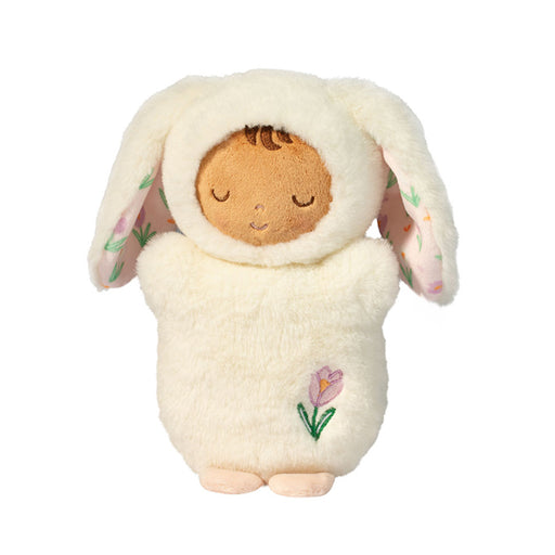 Cream colored baby bunny plush toy with sleeping face and floral embroidery