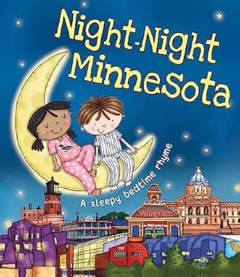 Night-Night Minnesota children's bedtime rhyme book cover featuring illustrated kids on moon