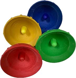 Four colorful rubber dome poppers in red, yellow, green, and blue colors