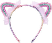 Rainbow glittery cat ear headband with purple furry ears on white background