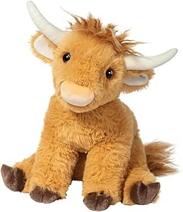 Brown plush cow stuffed animal with horns and hooves sitting upright