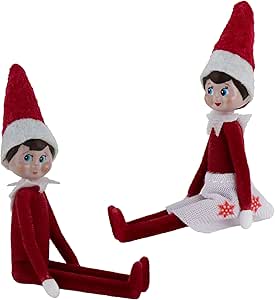 Two miniature Elf on the Shelf dolls with red outfits and white Santa hats