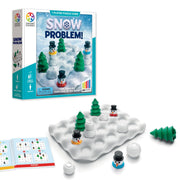 Snow Problem puzzle game box with white game board, snowmen pieces, and trees displayed