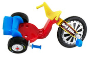 Red Big Wheel tricycle toy with yellow handlebars and blue accents on white background