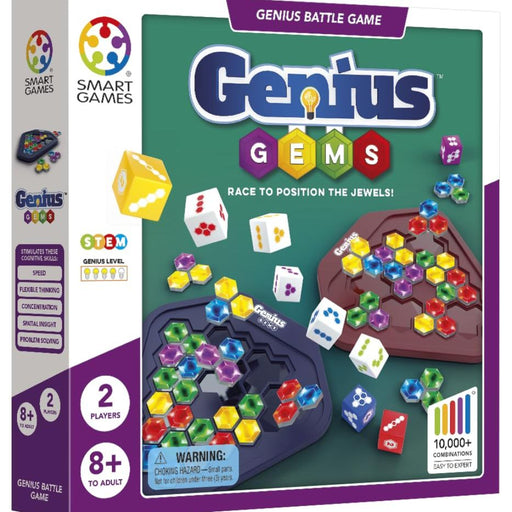 Genius Gems board game box showing colorful hexagonal gem pieces and dice components.