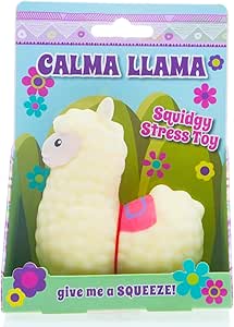 Calma Llama white squishy stress toy in colorful retail packaging