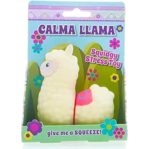 Calma Llama white squishy stress toy in colorful retail packaging