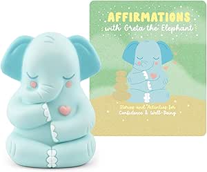 Light blue elephant-shaped Tonie figurine next to product packaging showing Greta the Elephant affirmations