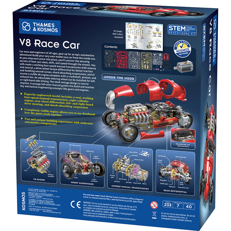Thames & Kosmos V8 Race Car STEM educational kit packaging showing red race car model