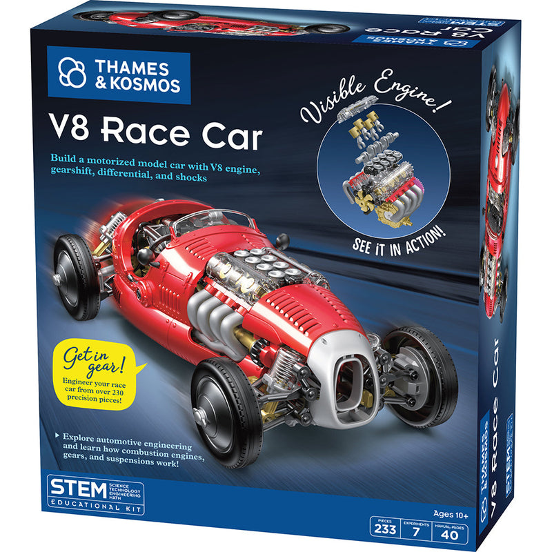 Thames & Kosmos V8 Race Car STEM kit box showing red motorized model car