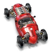 Cutaway view of red V8 race car model showing internal engine and mechanical components