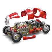 Exploded view of V8 Race Car model kit showing engine components and red body parts