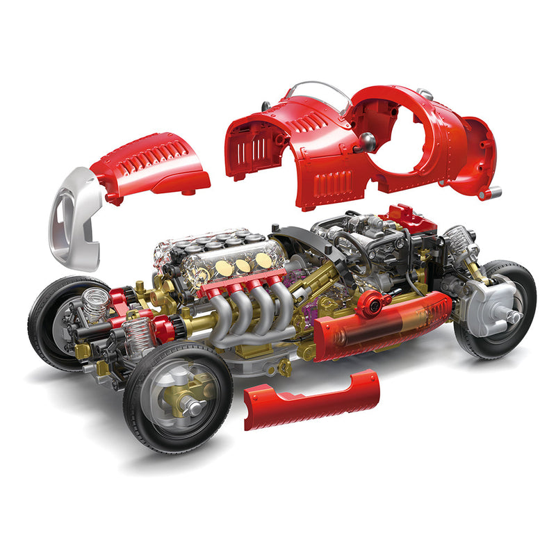 Exploded view of V8 Race Car model kit showing engine components and red body parts
