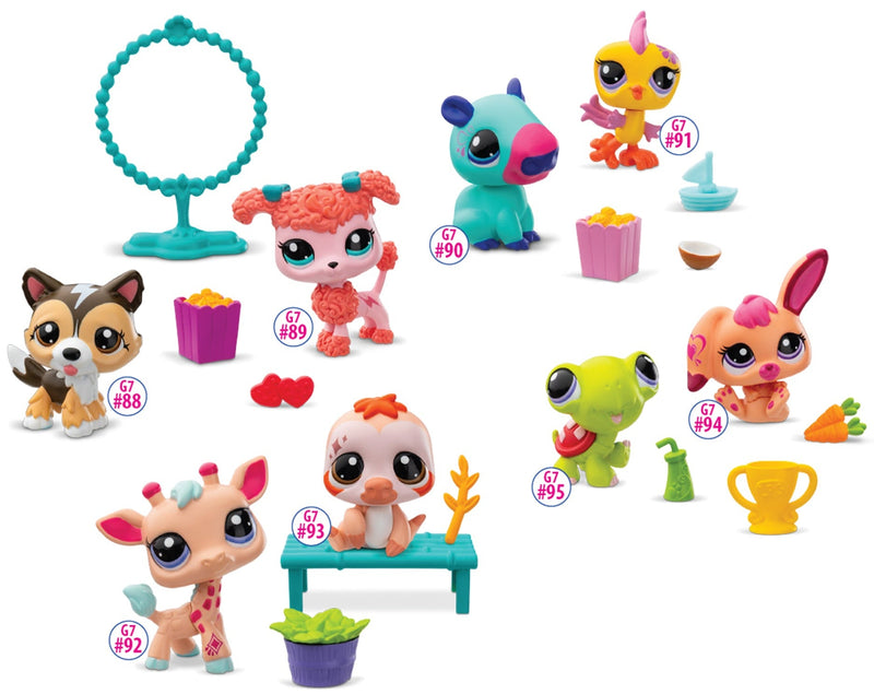 Littlest Pet Shop G7 Wave 2 Pet Pairs assortment featuring eight colorful animal figures with accessories