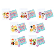 Seven Gacha Pouch Mini Food Charmlets sets displaying various miniature food toys and packaging