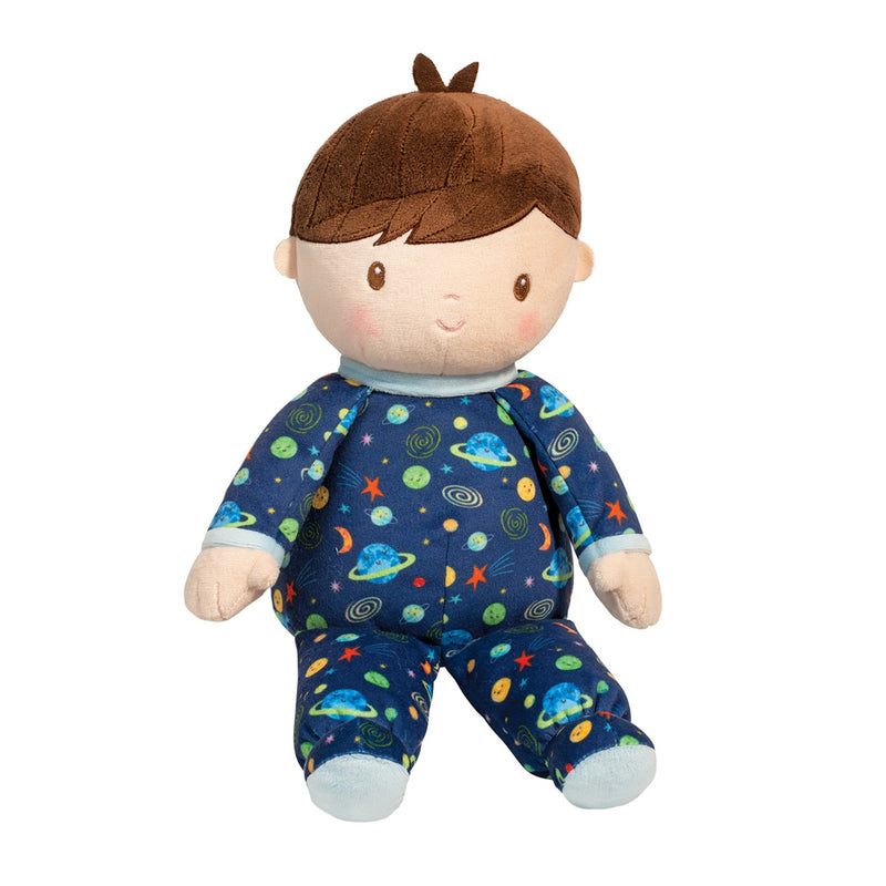 Soft plush baby doll with brown hair wearing blue space-themed pajamas