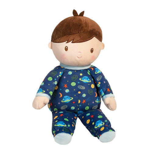 Soft plush baby doll with brown hair wearing blue space-themed pajamas
