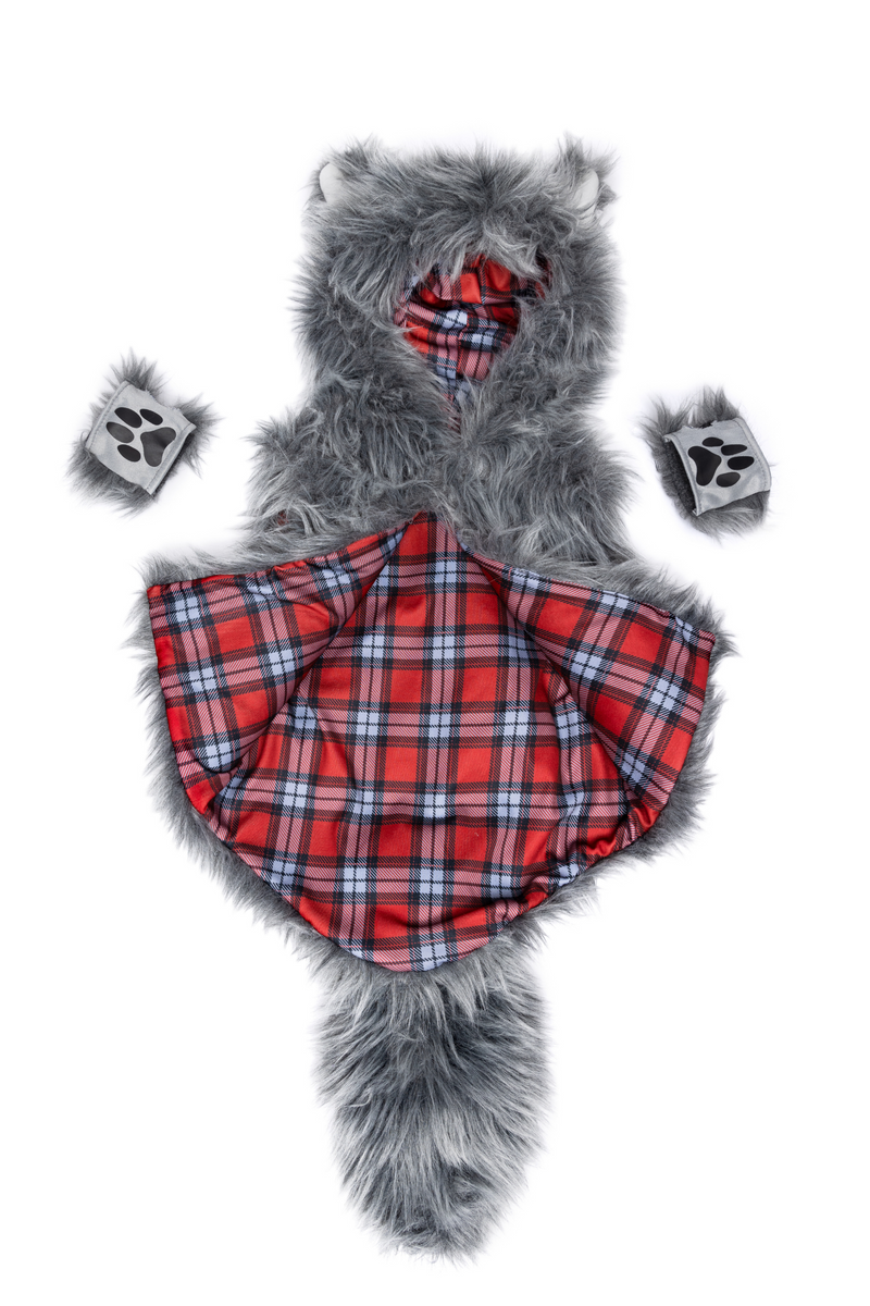 Gray furry Big Bad Wolf vest costume with red plaid interior and matching gloves with paw prints