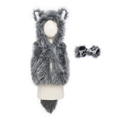 Gray furry wolf costume vest with hood, ears, tail and matching paw gloves