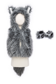 Gray furry wolf costume vest with hood, ears, tail and matching paw gloves
