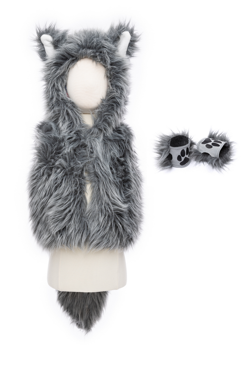 Gray furry wolf costume vest with hood, ears, tail and matching paw gloves